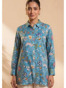 PANCHRANGA - Blue Neelbagh Hand Block Printed Modal Satin Shirt