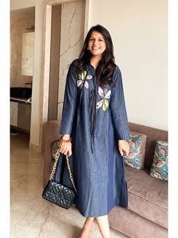 Pink Tree - Blue Floral Detail Denim Dress