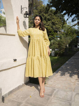 Rangsutra - Suhani Yellow Tiered Cotton Dress