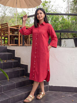 Rangsutra - Red Dhwani Woven Cotton Shirt Dress