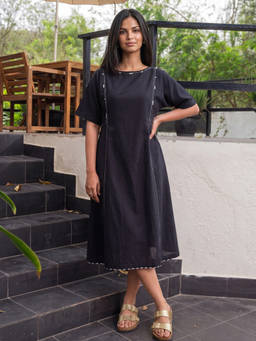 Rangsutra - Black Dhwani Woven Cotton Flared Dress