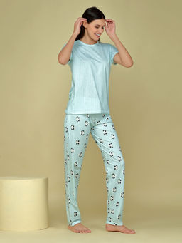 Velure - Half Sleeve Pyjama Set With Stripes Top & Panda Aop Pant. - Blue
