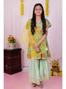 Aatya Kiids - Green Floral Printed Gota Kurta with Sharara & Dupatta (Set of 3)