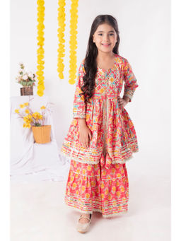 Aatya Kiids - Peach Gota Ebellished Kurta with Sharara (Set of 2)