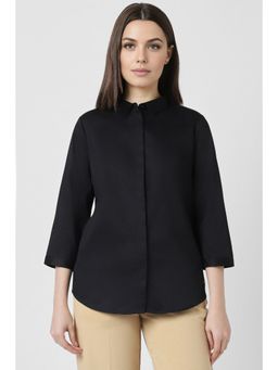 Van Heusen - Women Black Solid Three Fourth Sleeves Regular Fit Formal Shirt
