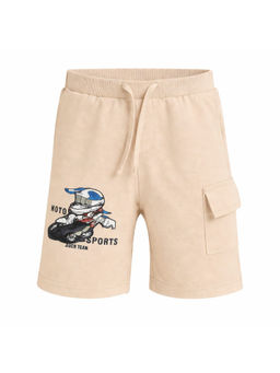 Bloom Up - Kids Beige Moto Print Shorts with Drawstring Waist