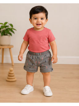 Bloom Up - Kids Grey Printed Elastic Waist Shorts with Button Tab Hem