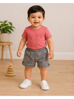 Bloom Up - Kids Grey Printed Elastic Waist Shorts with Folded Hem