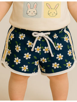Bloom Up - Girls Navy Blue Daisy Print Drawstring Shorts