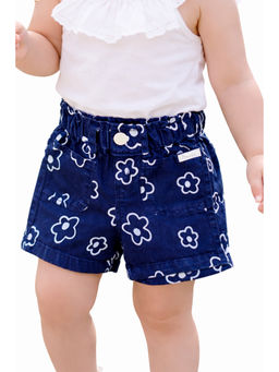 Bloom Up - Girls Navy Blue Floral Print Denim Shorts