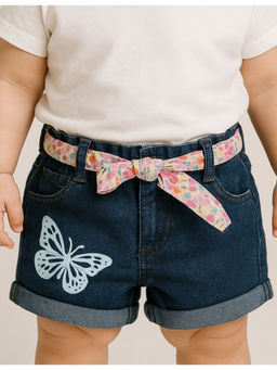 Bloom Up - Girls Blue Denim Shorts with Butterfly Print and Floral Belt