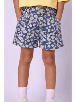 Bloom Up - Girls Blue Floral Printed Denim Shorts with Button Closure