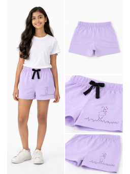 Bloom Up - Kids Lavender Cartoon Print Cotton Shorts with Contrast Drawstring