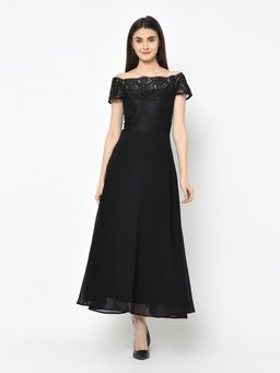 Latin Quarters - Black Cap Sleeve Sequence Solid Maxi Dress