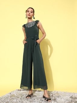 Miss Chase - Women Dark Green Round Neck Ruffled Sleeve Embroidered Regular Jumpsuit