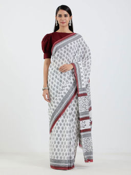 AUJJESSA - Mulmul White and Black Handcrafted Saree without Blouse