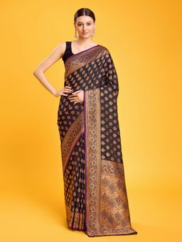 Monjolika Fashion - Women's Dark Purple Silk Saree with Zari Work & Unstitched Blouse