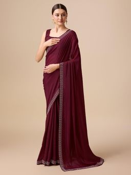 Monjolika Fashion - Women's Georgette Saree In Wine with Pearl Embellishments & Unstitched Blouse