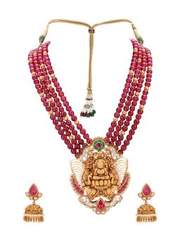 Joules By Radhika - Divine Temple Gold Toned Necklace Set Layard With Red Semi Precious Stones