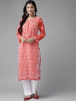 ADA - Hand Embroidered Red/White Georgette Lucknow Chikankari Kurta with Plazzo (Set of 2) [A811168]