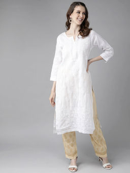 ADA - Hand Embroidered White / Fawn Cotton Lucknow Chikankari Kurta With Plazzo (Set of 2) [A811170]