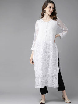 ADA - Embroidered White & Black Georgette Chikankari Kurta & Pant with Slip (Set of 3) [A811176]