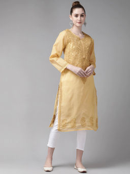 ADA - Hand Embroidered Fawn/ White Cotton Lucknow Chikankari Kurta With Trouser (Set of 2) [A811189]
