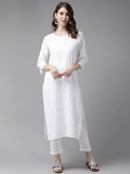 ADA - Hand Embroidered White Cotton Lucknow Chikankari Kurta With Plazzo (Set of 2) (XS) (A811198)
