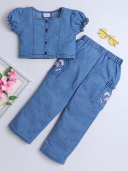 Bright Star Kids Wear - Girls Casual Denim Crop Top with Embroidered Jeans - Blue