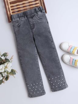Bright Star Kids Wear - Denim Ripped Straight Jeans Pant For Girls - Grey