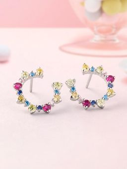 Ornate Jewels - 925 Silver Round Multi Stone Crescent Moon Earring for Women and Girls
