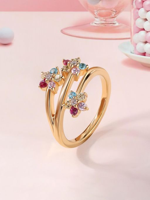 Ornate Jewels 925 Silver 18K Gold Plated Multi Stone Flower Pops Lollipop Ring for Women & Girls