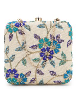 Anekaant - Vista Natural Turquoise and Green Faux Silk Floral Embroidered Clutch