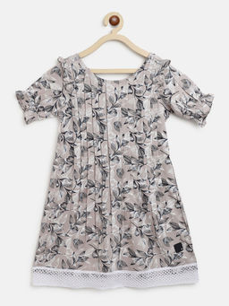 Tales & Stories - Girls Beige Rayon Regular Fit Printed Dress