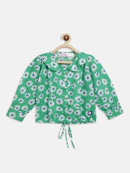 Tales & Stories - Girls Green Cotton Regular Fit Floral Printed Top