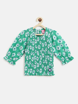 Tales & Stories - Girls Green Cotton Printed Regular Fit Top