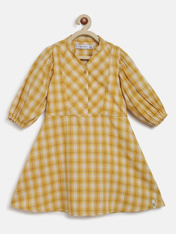 Tales & Stories - Girls Yellow Cotton Blend Regular Fit Checks Dress