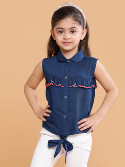 Tales & Stories - Navy Blue Cotton Spread Collar Top for Girls
