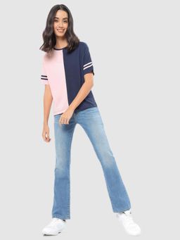 Bewakoof - Women's Pink & Blue Color Block Relaxed Fit T-shirt