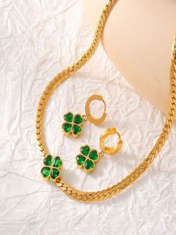 AQUASTREET - 18K Plated Anti-Tarnish Emerald Green Zircon Clover Necklace & Earrings Set