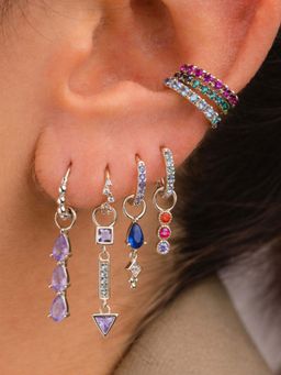 AQUASTREET - Set of 7 Multicolor Hoop Earring set For Single Ear Only Silver Plated