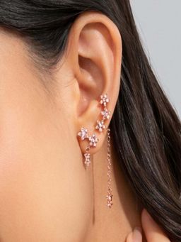 AQUASTREET - Pink Zircon Floral Earrings for Left Ear ONLY Rose Gold Plated Anti-Tarnish