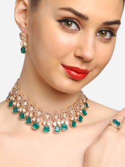 Zaveri Pearls - Green Kundan Stones & AD Necklace Earring & Ring -ZPFK16763 (Set of 3)