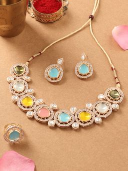 Zaveri Pearls - Multi-Colour Kundan Stones AD Choker Necklace Earring & Ring -ZPFK16764 (Set of 3)