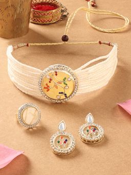 Zaveri Pearls - Multi Colour Multistrand Stones Choker Necklace Earring Ring-ZPFK16765 (Set of 3)