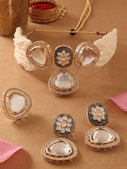 Zaveri Pearls - Gold Tone Dazzling Stones & AD Choker Necklace Earring & Ring-ZPFK16768 (Set of 3)