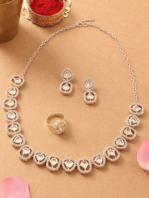 Zaveri Pearls Gold Tone Kundan & Dazzling AD Necklace Earring & Ring -ZPFK16772 (Set of 3)