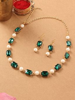 Zaveri Pearls - Green Stones & Pearls Contemporary Necklace & Earring -ZPFK16811 (Set of 2)