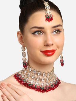 Zaveri Pearls - Rani -Pink -Green Stones Bridal Necklace Earring Maangtikka Set-ZPFK16901