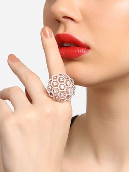 Zaveri Pearls - Rose Gold CZ Party Bling Statement Adjustable Finger Ring-ZPFK16893